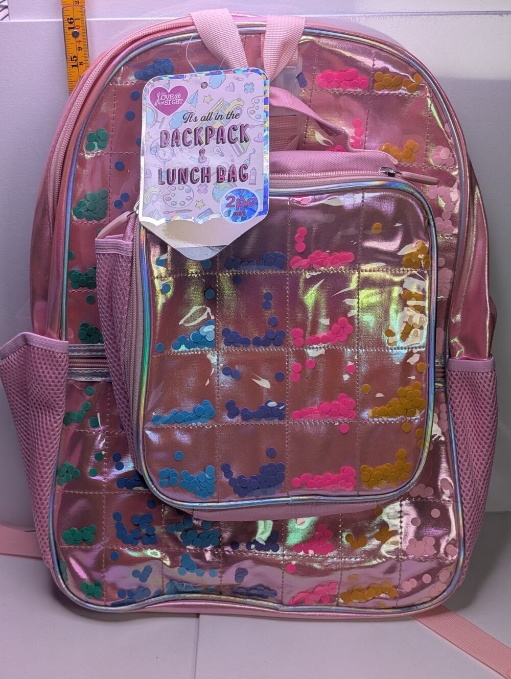 Girls Backpack Lunch Bag 2 Piece Set Pink Iridescent Confetti School NWT